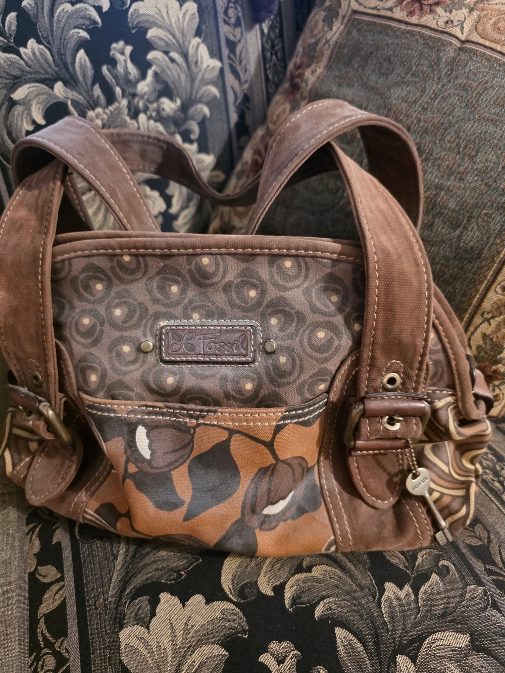 Vintage Fossil Key-Per Brown Tan Patterned Shoulder Bag (READ description)